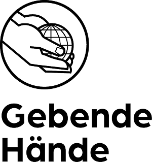 helfende hände - Eine einfache schwarze Silhouette einer Hand, die einen Globus hält, in einem Kreis, darunter in fetten Buchstaben die Aufschrift „Gebende Hände“. helfende hände ggmbh hamburg